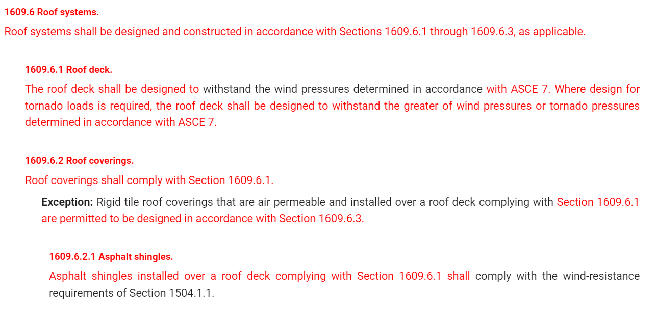 Florida Building Code Section 1609.6 Roof Systems, new language added for Tornado Loading Requirements.
